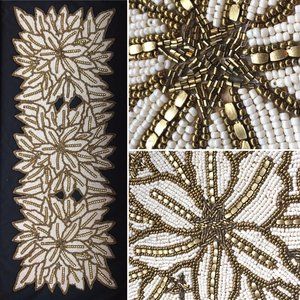 Cynthia Rowley Christmas Gold Poinsettia Beaded Table Runner Centerpiece Holiday